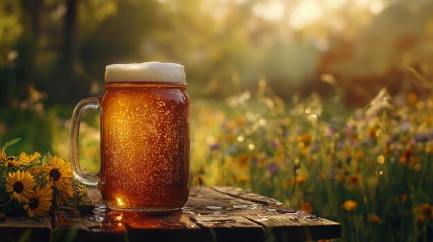 A vibrant image of an ice-cold beer in a mason jar, with condensation beading on the surface, set against a rustic picnic backdrop photo