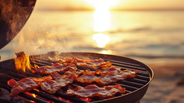 A vibrant image of bacon sizzling on a grill, with smoke rising and the sun setting in the background, creating a warm, inviting outdoor photo