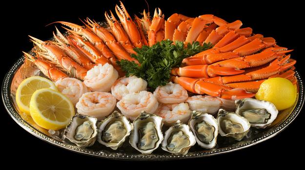 A vibrant seafood platter showcasing an array of fresh shrimp, oysters, and crab legs, beautifully arranged with lemon wedges and herbs for photo