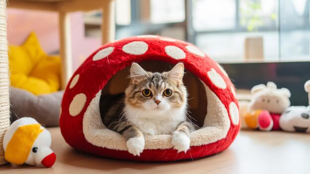 A whimsical cat house shaped like a mushroom, surrounded by playful toys and cushions, creating a fun and inviting space for cats photo