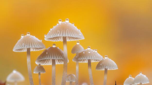 A whimsical scene of mushrooms with sparkling dew in a misty forest, showcasing the magical atmosphere of nature photo