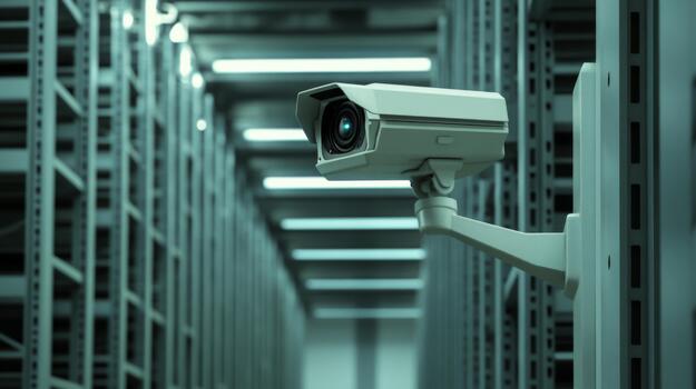 A white security camera mounted on a warehouse ceiling, observing rows of industrial shelves in a clean, organized environment photo