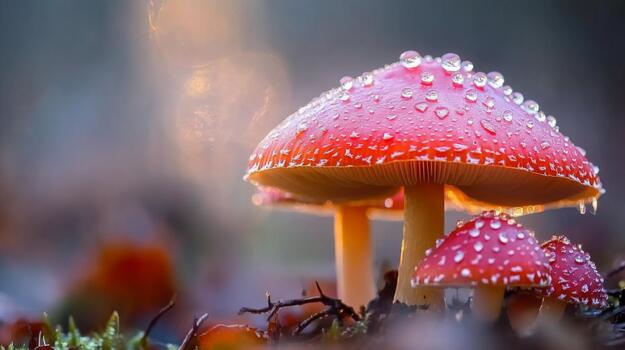 A whimsical scene of mushrooms with sparkling dew in a misty forest, showcasing the magical atmosphere of nature in the early photo