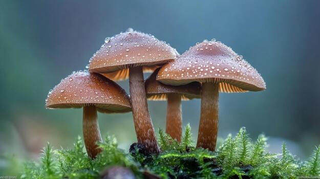 A whimsical scene of mushrooms with sparkling dew in a misty forest, showcasing the magical atmosphere of nature in the early morning light photo