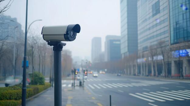 A wide-angle view of a CCTV camera on a pole near an empty intersection in a quiet business district, with minimal traffic and modern buildings in the background photo