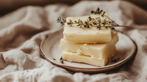 Butter pats stacked neatly on a white plate, with a sprig of thyme for garnish, set on a linen cloth for a minimal, natural look photo