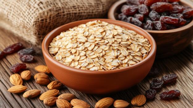 Close-up of oats in a ceramic bowl, surrounded by nuts and dried fruits on a wooden table, creating a wholesome photo