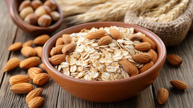 Close-up of oats in a ceramic bowl, surrounded by nuts and dried fruits on a wooden table, creating a wholesome breakfast scene photo