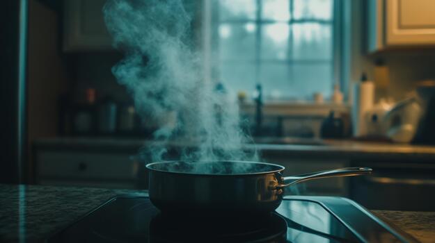 Gentle smoke drifting across a kitchen counter from a sizzling pan, with warm lighting creating an inviting photo