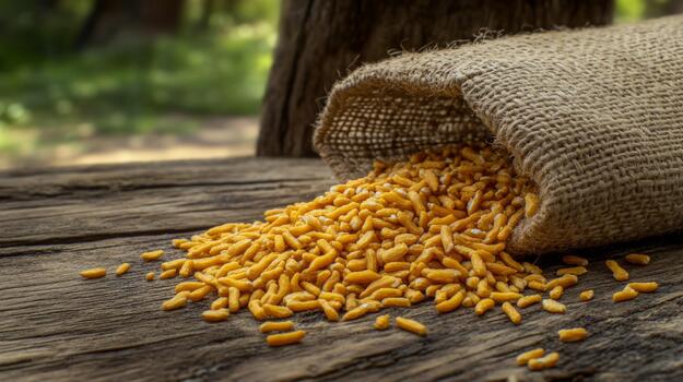 Golden oats spilling from a burlap sack onto a wooden table, capturing a rustic and natural look ideal photo