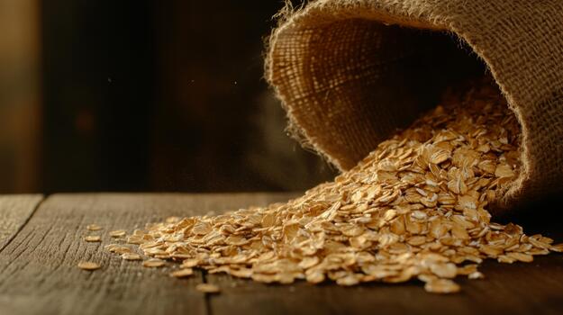 Golden oats spilling from a burlap sack onto a wooden table, capturing a rustic and natural look ideal for organic food themes photo