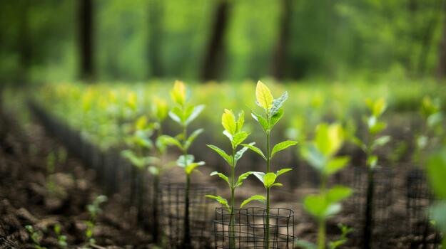 Rows of protective wire cages surrounding young saplings in a reforestation area, ensuring their growth and safety in a rehabilitated forest photo