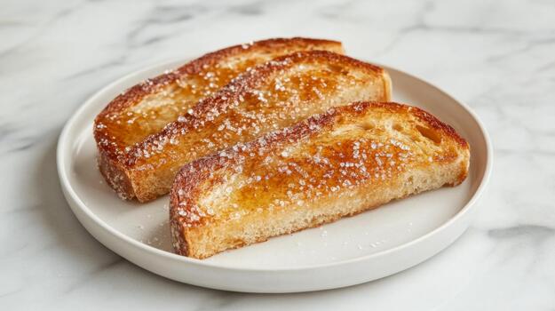 Thick slices of toast with a caramelized sugar crust, set on a simple white plate, evoking a warm and sweet photo