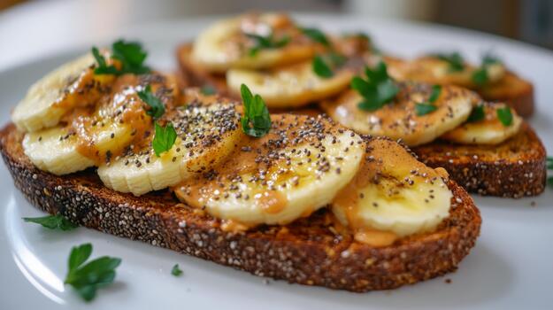 Toast topped with creamy peanut butter and banana slices, sprinkled with chia seeds, creating a nutritious and delicious photo