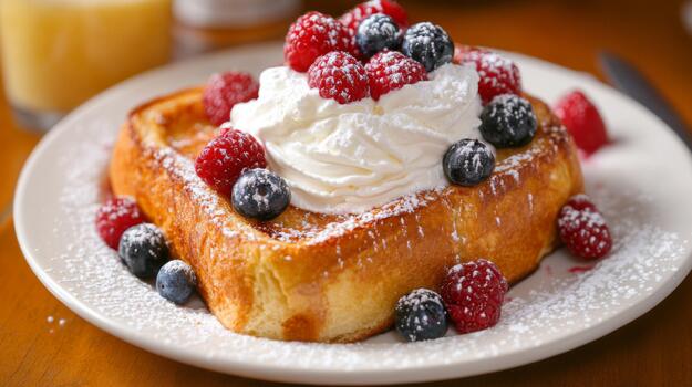 Toasted brioche topped with whipped cream and berries, creating a delightful and inviting brunch setup on a rustic table photo
