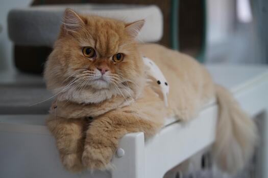 Fluffy orange cat resting on white shelf with a curious expression, showcasing a moment of tranquility in a cozy indoor environment photo