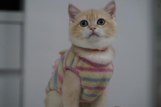 Adorable ginger kitten in colorful striped sweater posing with curious expression in a bright indoor setting photo
