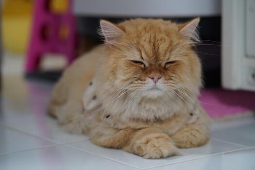 Fluffy Ginger Cat Relaxing on White Floor with Calm Expression and Bright Background in Cozy Indoor Setting photo