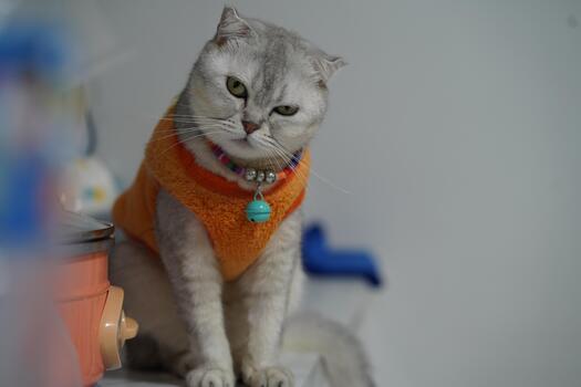 gris gato vistiendo un vistoso suéter sentado en un mesa con un curioso expresión, exhibiendo sus juguetón personalidad en un acogedor interior ajuste foto