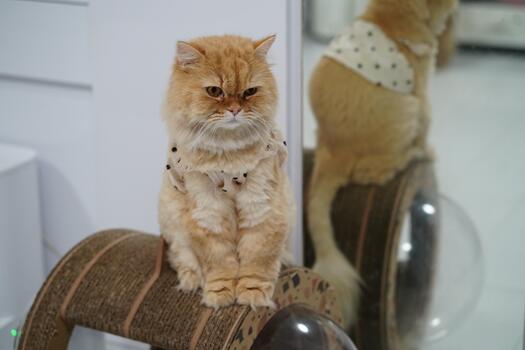 Cute fluffy orange cat sitting curiously on a scratching post while wearing a polka dot outfit with a mirror reflection in the background photo