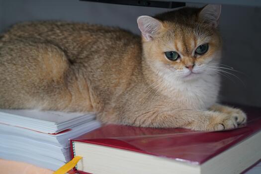 Adorable golden cat resting on stack of books in cozy indoor setting, showcasing tranquil expression and serene atmosphere in warm lighting photo