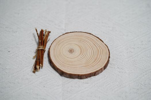 Natural Wood Slice and Bundle of Twigs on a Textured Background for Rustic Decor, Crafts, and Organic Aesthetic Project Use photo