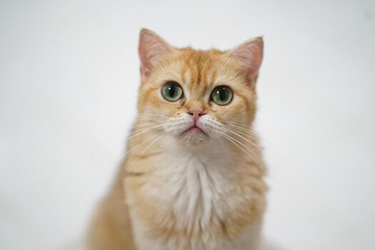 Orange tabby cat with striking green eyes, looking directly at the camera against a plain white background, showcasing curiosity and charm in pet photography photo