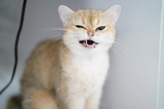 linda mullido gato con naranja piel mostrando juguetón mueca y expresivo facial características, sentado en un ligero antecedentes con eléctrico cable cerca foto