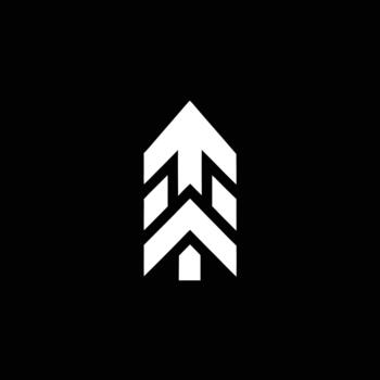 Abstract geometric upward arrow symbol resembling a gear or interlocking shapes on a stark black background, representing progress and direction vector