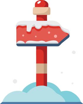 A cartoon-style red directional signpost covered in snow, set against a plain white background with a few scattered snowdrifts vector