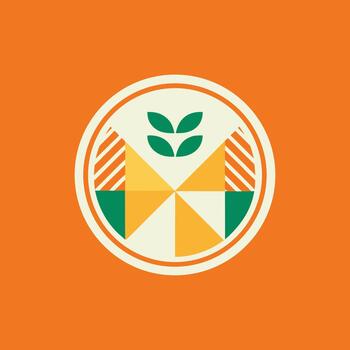 Modern geometric abstract emblem in a circular frame, featuring a symmetrical leaf motif with vibrant triangles and stripes, embodying organic growth and minimalist style vector