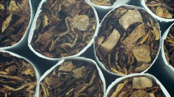 makro se av roterande cigaretter fylld med strimlad tobak rör på sig i en cirkulär rörelse på en produktion linje. video