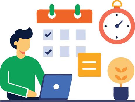 conceptual ilustración de un profesional gerente negocio Tareas y proyecto plazos con un computadora portátil, calendario, y Temporizador vector