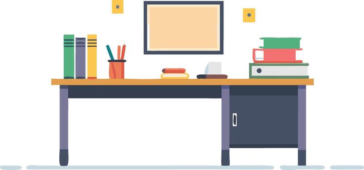 Modern flat design illustration of a tidy home office desk setup, featuring essential work supplies, books, and a lamp, perfect for remote work, study, and productivity concepts vector