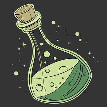 encantador elixir dibujos animados poción botella con burbujas y estrellas en oscuro antecedentes vector