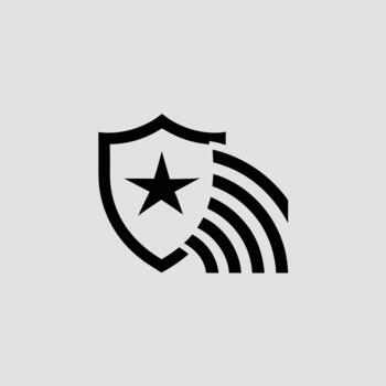 Minimalist illustration featuring a black shield with a star emblem, alongside dynamic parallel stripes, embodying concepts of protection, national identity, and secure communication vector