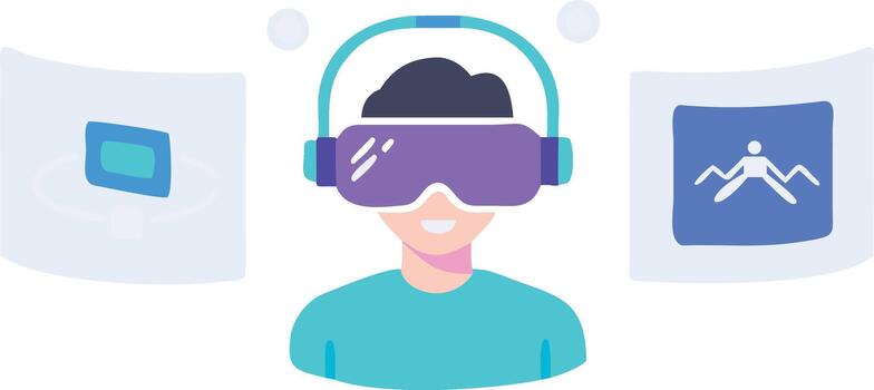 Immersive Virtual Reality Experience A Modern Illustration of a Person Engaged with a VR Headset and Interactive Digital Screens, Exploring New Digital Worlds vector