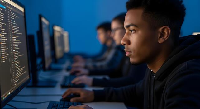 Focused young programmer coding in a dark room photo