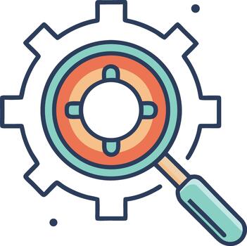 Magnifying Gear Icon Analyzing and Exploring Settings, Solutions, and Strategies for Success vector