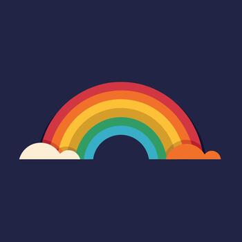 Vibrant and minimalist flat design illustration of a colorful rainbow arching across a serene dark background, accompanied by stylized white and orange clouds, perfect for bright projects vector