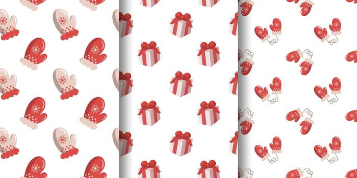 Three festive wrapping paper patterns red and beige mittens, pink gift boxes with bows, and red mittens with strings. Diagonal seamless layout on white background for holiday packaging vector