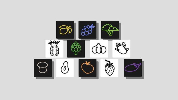 Set of 12 colorful food line icons including fruits and vegetables lemon, grapes, broccoli, pineapple, garlic, ginger, and more. Modern flat outline design for web, print, or app use vector