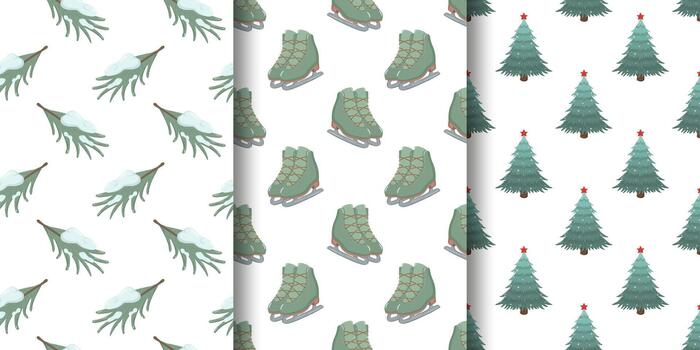 Tres vertical con tema de invierno patrones cubierto de nieve pino sucursales, verde hielo patines, y decorado Navidad arboles con rojo estrellas. sin costura festivo diseño en blanco antecedentes vector