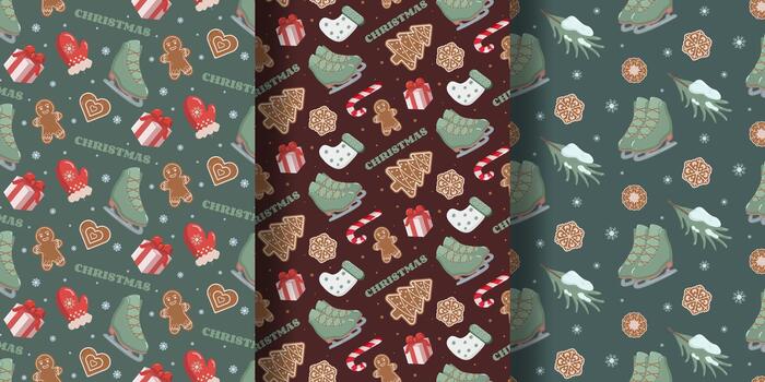 Three Christmas wrapping paper patterns green with cookies and mittens, red with candy canes and socks, and dark green with skates and pine branches. Festive seamless designs for seasonal packaging vector