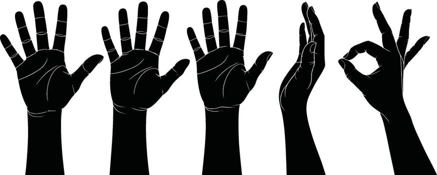 Five Black Hands Showing Different Gestures open palm vector