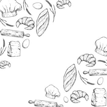 frame, template with bakery. Graphic ink, loaf food, ear of wheat, Chef hat, whole grain, slice of bread, ciabatta, baguette. Bun illustration isolated on background. Hand drawn line sketch vector