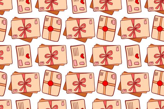 Seamless pattern with stack of envelopes tied with a pink ribbon. Flat style letter illustration. Suitable for decorating cards, fabrics, wrapping paper vector