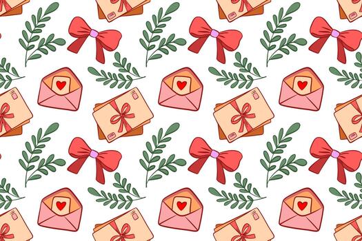 Seamless pattern with a stack of envelopes tied with a pink ribbon and green plant branches. Flat style letter illustration. Suitable for decorating cards, fabrics, wrapping paper vector