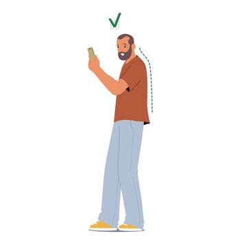Man Holds His Phone With Proper Posture, Character Maintaining An Upright Stance, Eye Level Screen And Relaxed Shoulders vector