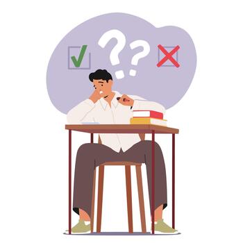 Student Boy Character Sits Nervously At A Desk, Surrounded By Textbooks And Notes, Facing An Exam, Illustration vector